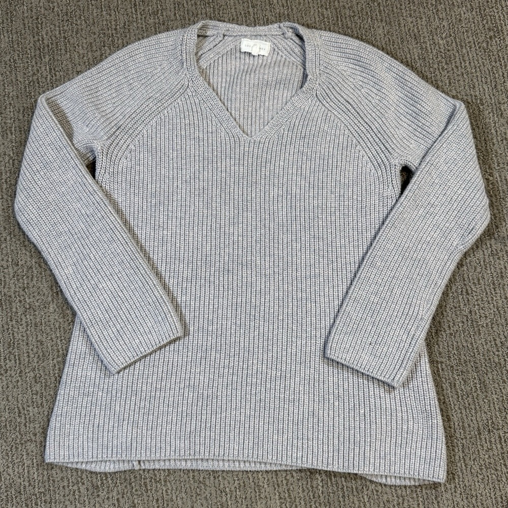 Lou & Grey Womens S Knit Pullover Sweater Ribbed V Neck Cotton Wool Blend Grey